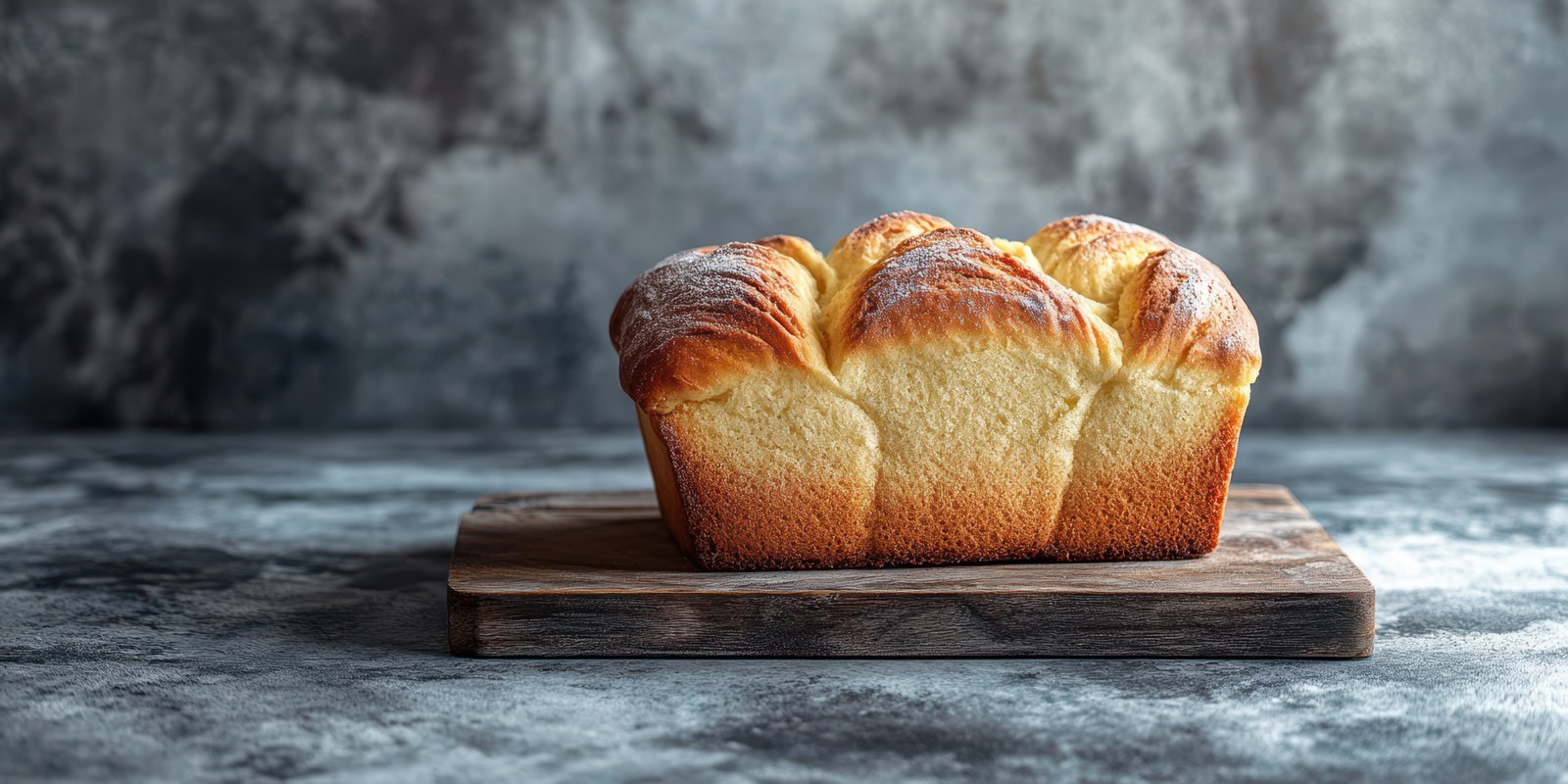 Soft and golden bread loaf resting on wooden board with textured background